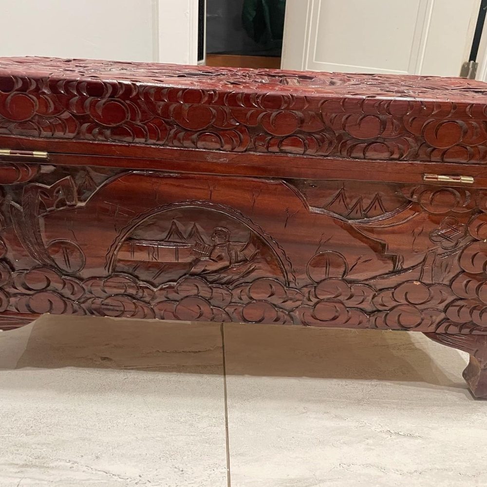 Antique Chinese Carved Camphor Wood Chest Blanket Trunk - Picture 6 of 6